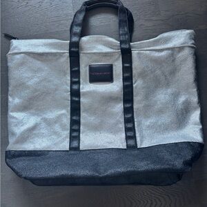 Victoria's Secret Silver & Black Metallic Glitter Straw Beach Tote Bag